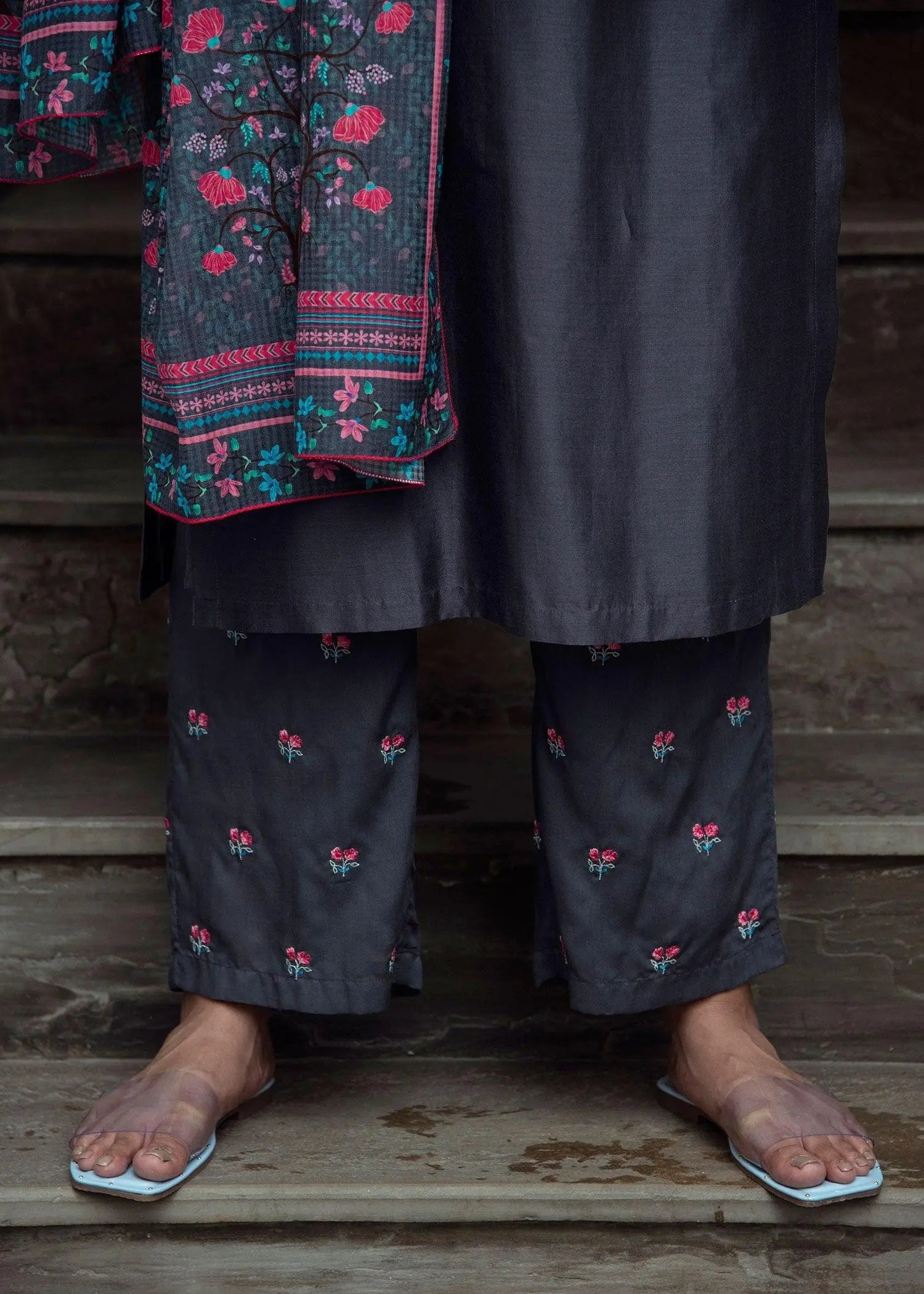 Puja Grey Embroidered Straight Pants
