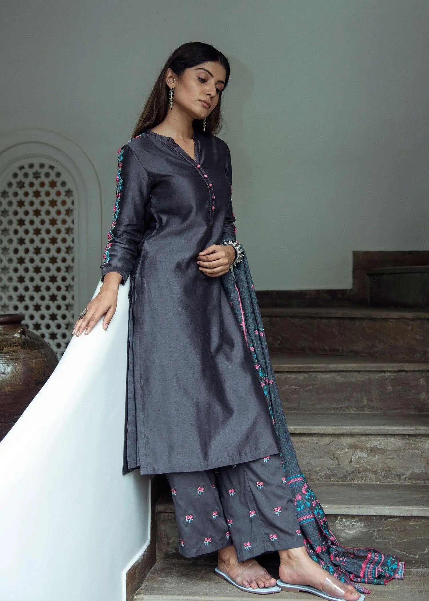Puja Grey Embroidered Straight Pants