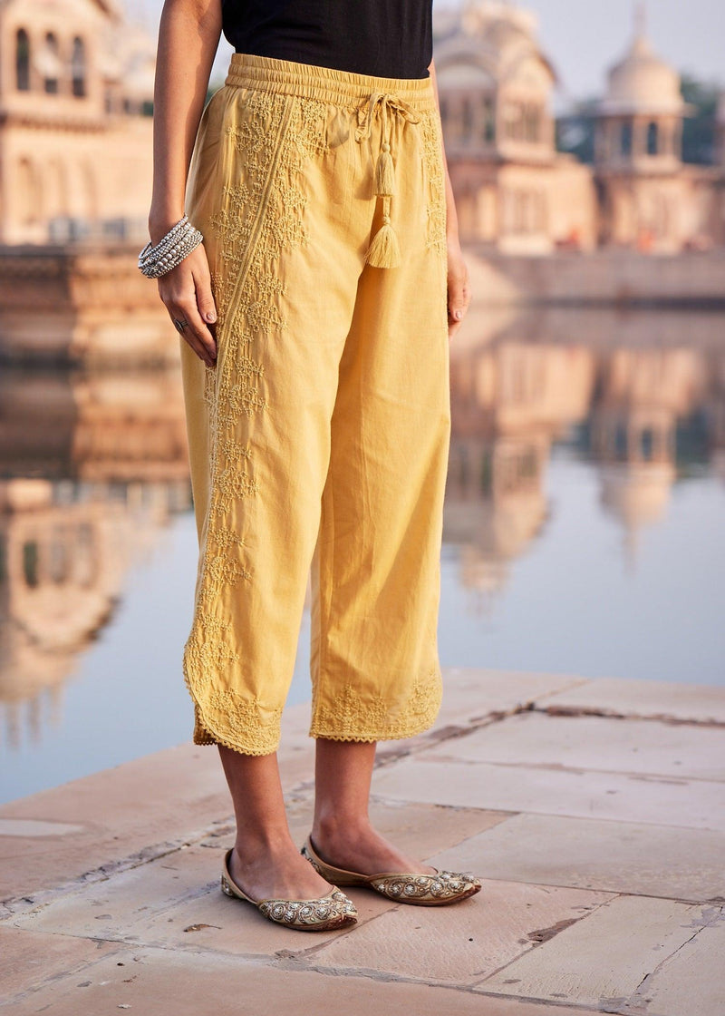 Yellow Women Cotton Round Hem Pant