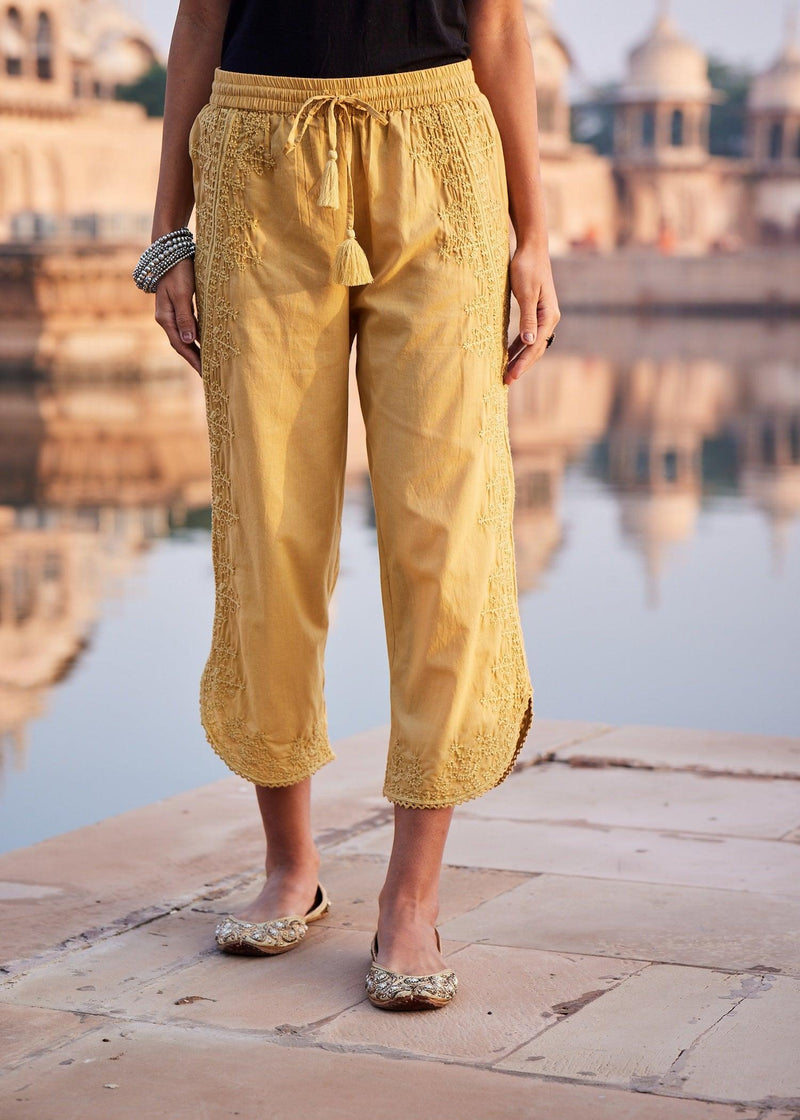 Yellow Women Cotton Round Hem Pant