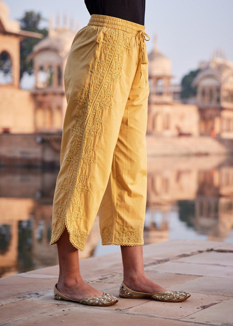 Yellow Women Cotton Round Hem Pant