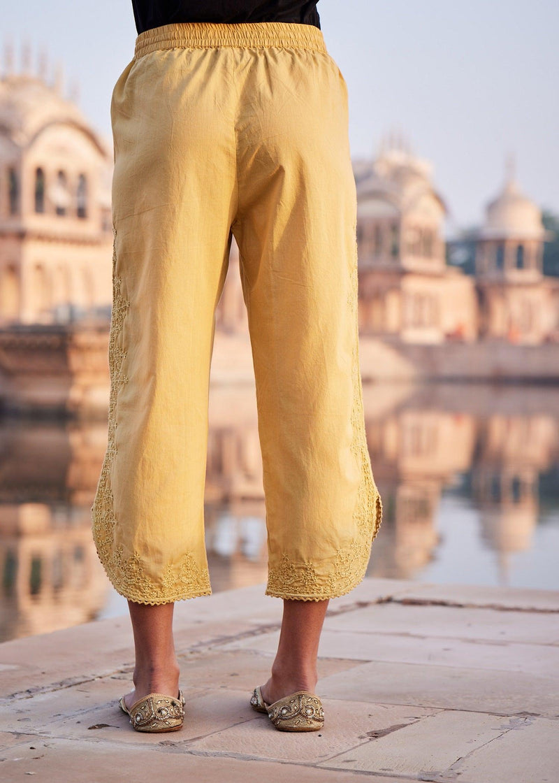 Yellow Women Cotton Round Hem Pant