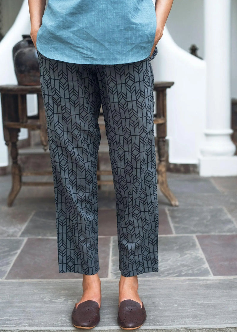Charcoal Grey Tapered Block Print Cotton Pants
