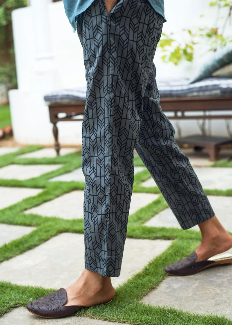 Charcoal Grey Tapered Block Print Cotton Pants
