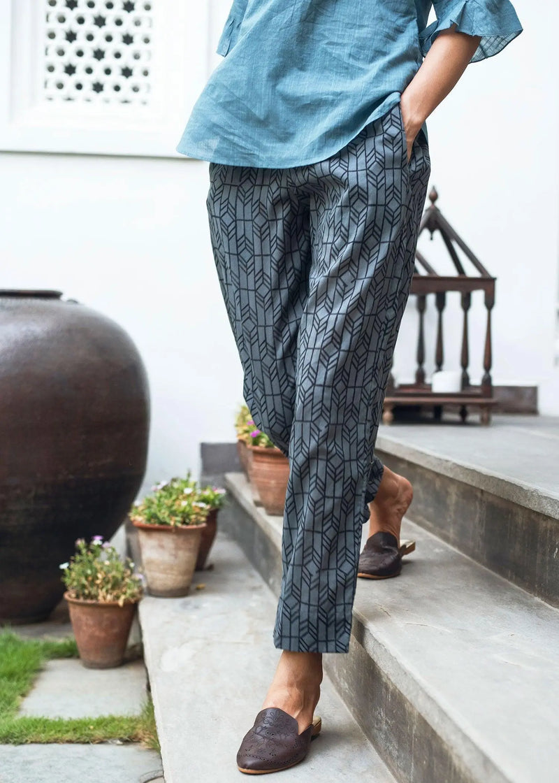 Charcoal Grey Tapered Block Print Cotton Pants