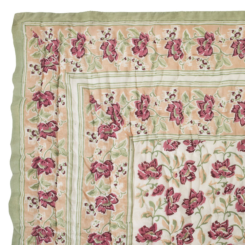 Aradhya Jaal Green and Pink Hand Block Print Extra Cotton Filling Quilt