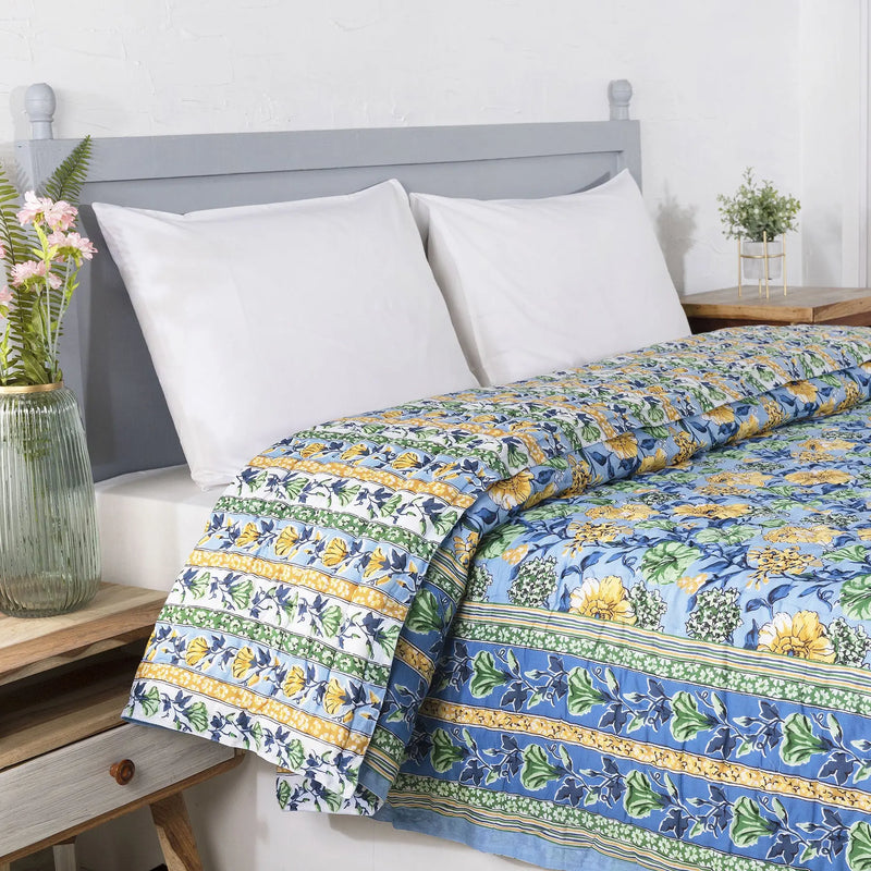 Bahaar Blue Screen Print Cotton AC Quilt