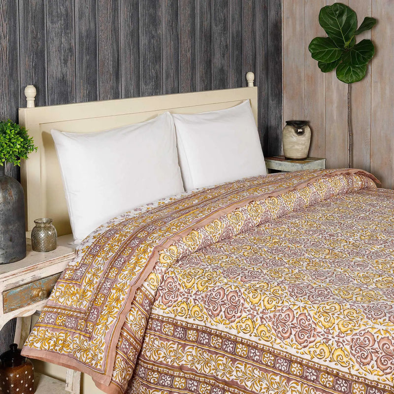 Elegance Beige and Yellow Hand Block Print Cotton AC Quilt