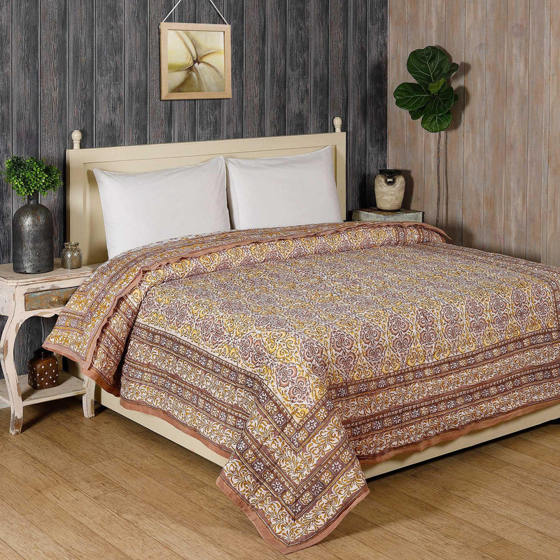 Elegance Beige and Yellow Hand Block Print Cotton AC Quilt