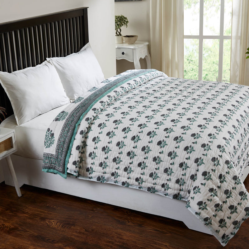 Gulmarg Sea Green & Grey Hand Block Printed Extra Cotton Filling Quilt