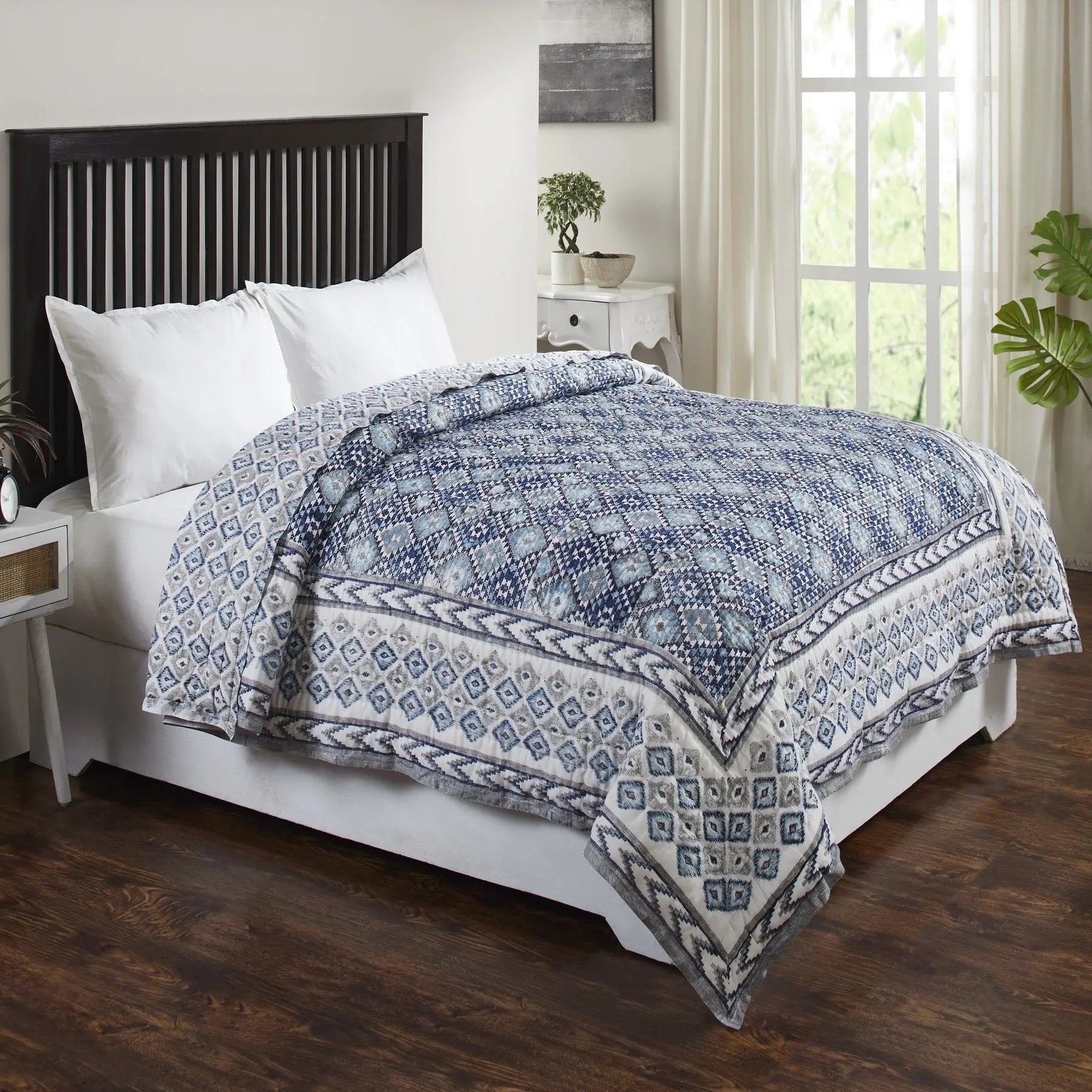 Pochampally Ikat Grey & Blue Color Hand Block Print Extra Cotton Filling Quilt
