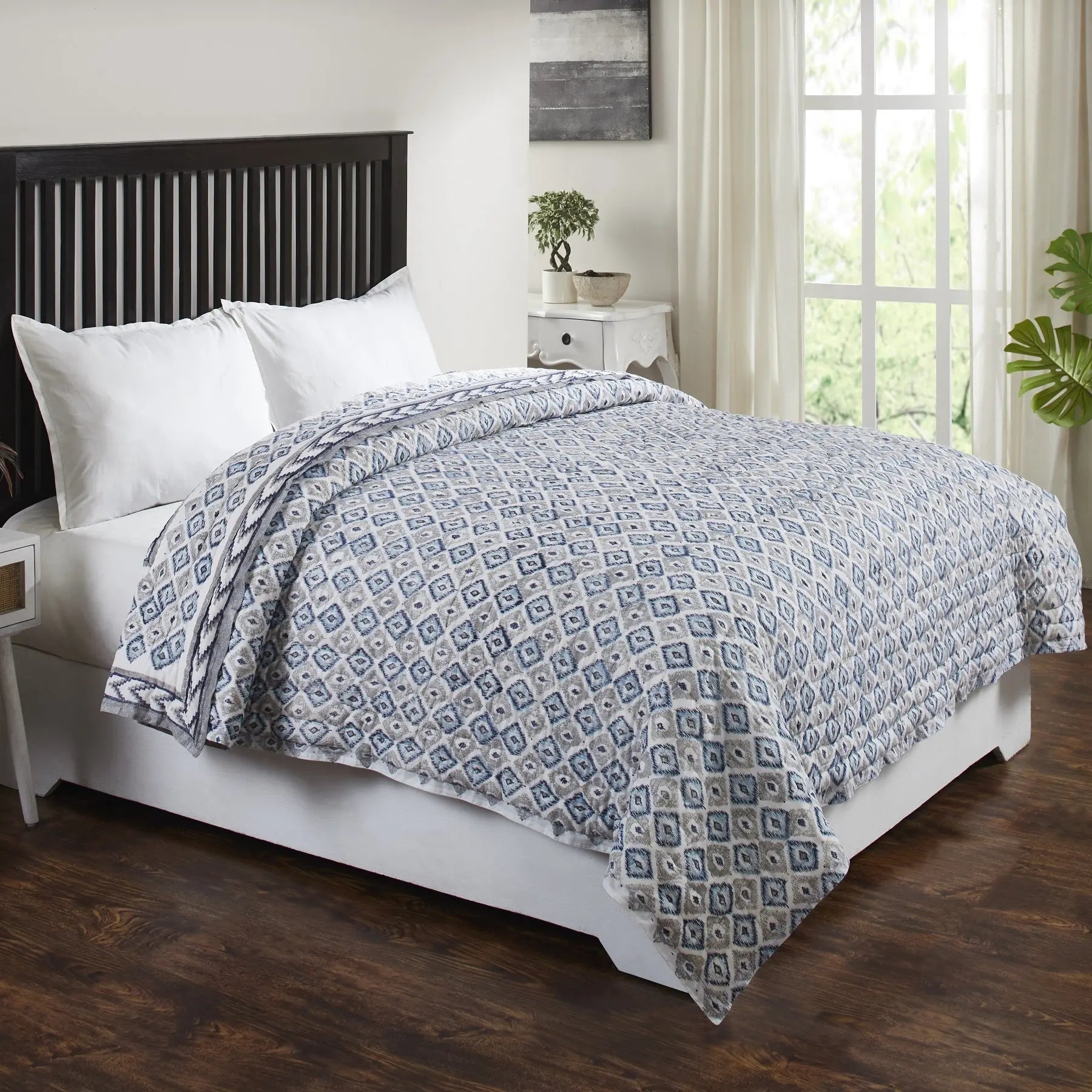 Pochampally Ikat Grey & Blue Color Hand Block Print Extra Cotton Filling Quilt