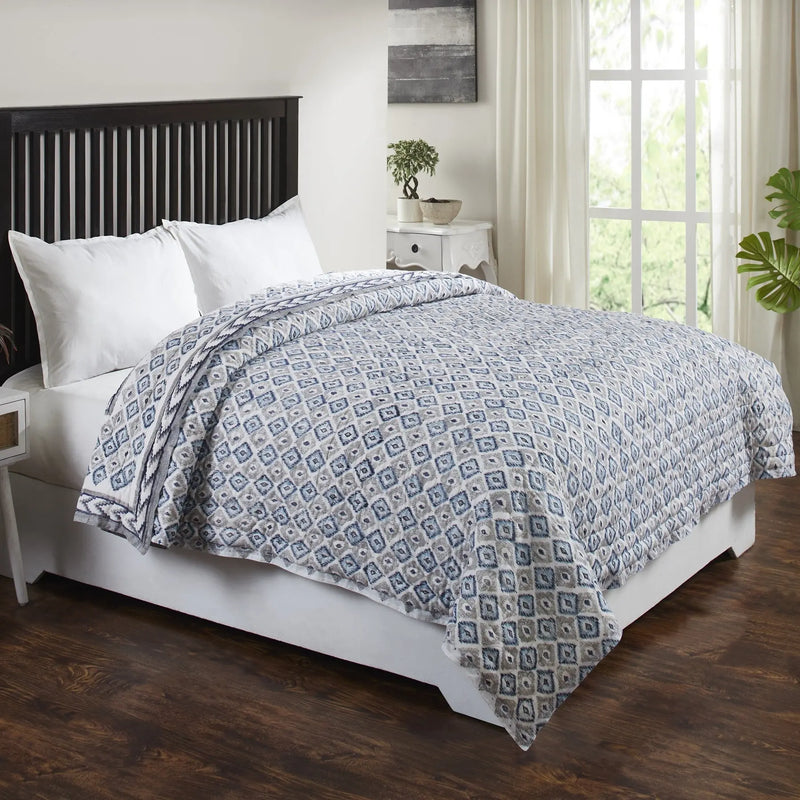 Pochampally Ikat Grey & Blue Color Hand Block Print Extra Cotton Filling Quilt