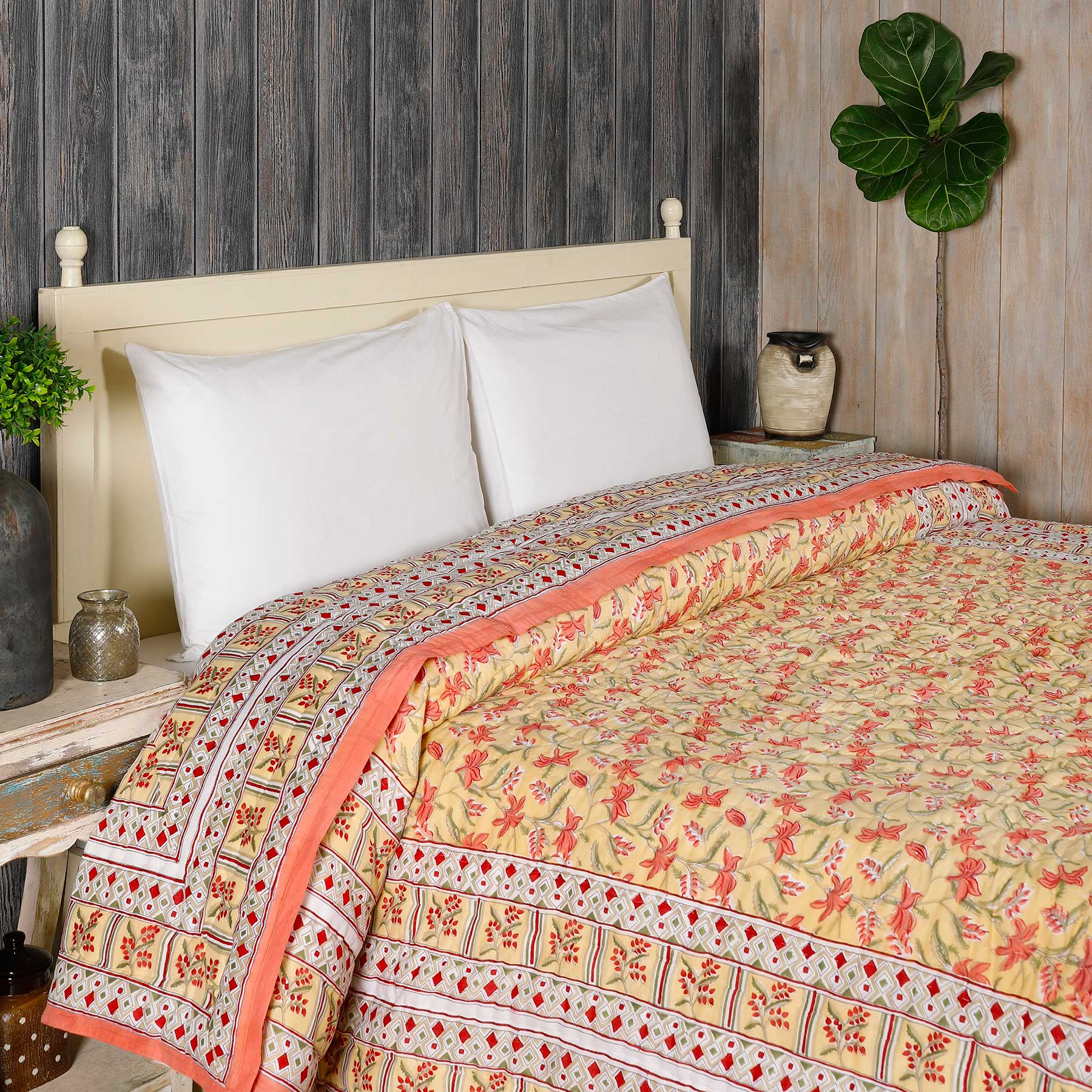 Ravish Jaal Yellow and Pink Hand Block Print Extra Cotton Filling Quilt