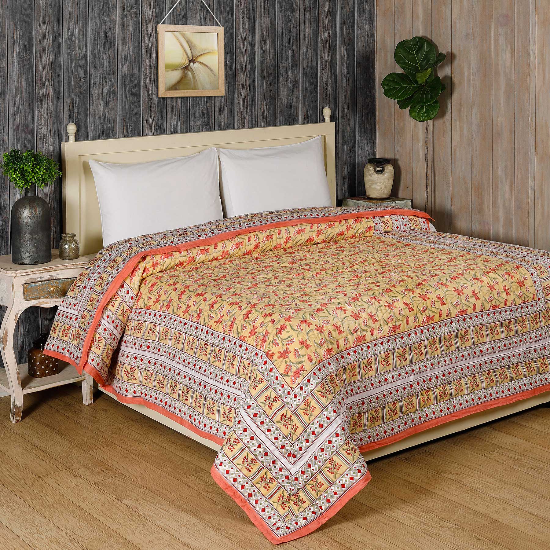 Ravish Jaal Yellow and Pink Hand Block Print Extra Cotton Filling Quilt