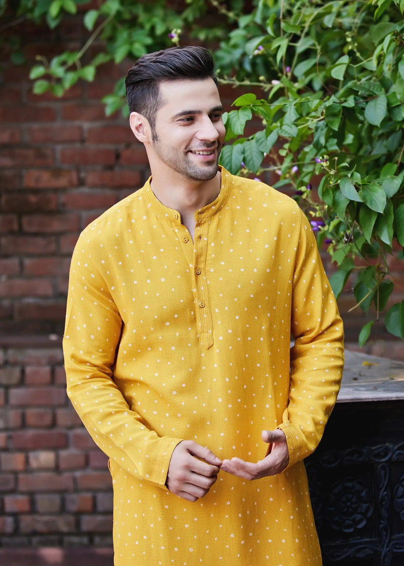 Bhandhej Yellow Viscose Full Sleeve Kurta