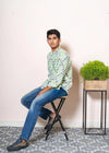 Elephant Cream And Light Green Cotton Chinese Collar Full Sleeves Shirt