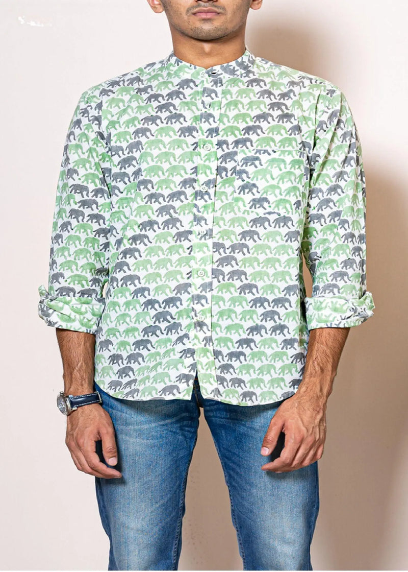 Elephant Cream And Light Green Cotton Chinese Collar Full Sleeves Shirt