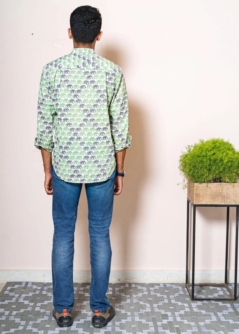 Elephant Cream And Light Green Cotton Chinese Collar Full Sleeves Shirt