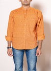 Mini Bloom Saffron Cotton Chinese Collar Full Sleeves Shirt