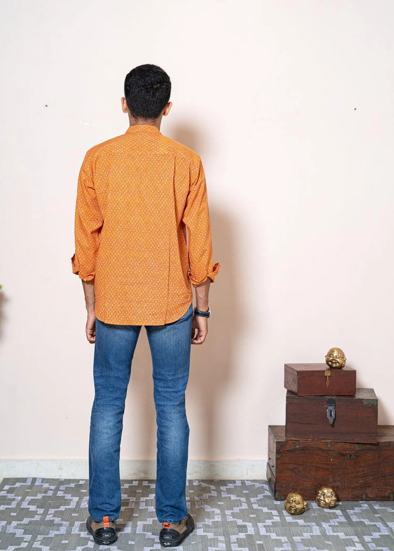 Mini Bloom Saffron Cotton Chinese Collar Full Sleeves Shirt