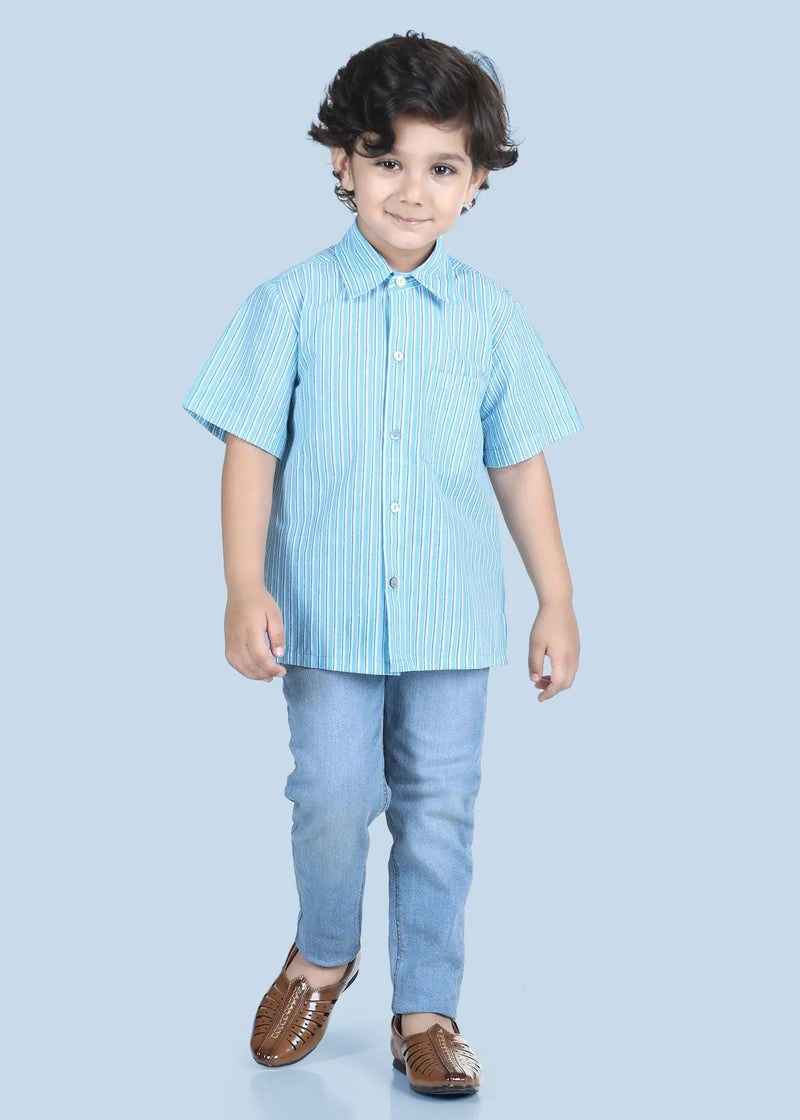 SHIRT HALF SLEEVES BOYS  STRIPS BLUE COTTON (2 to 12 Years)