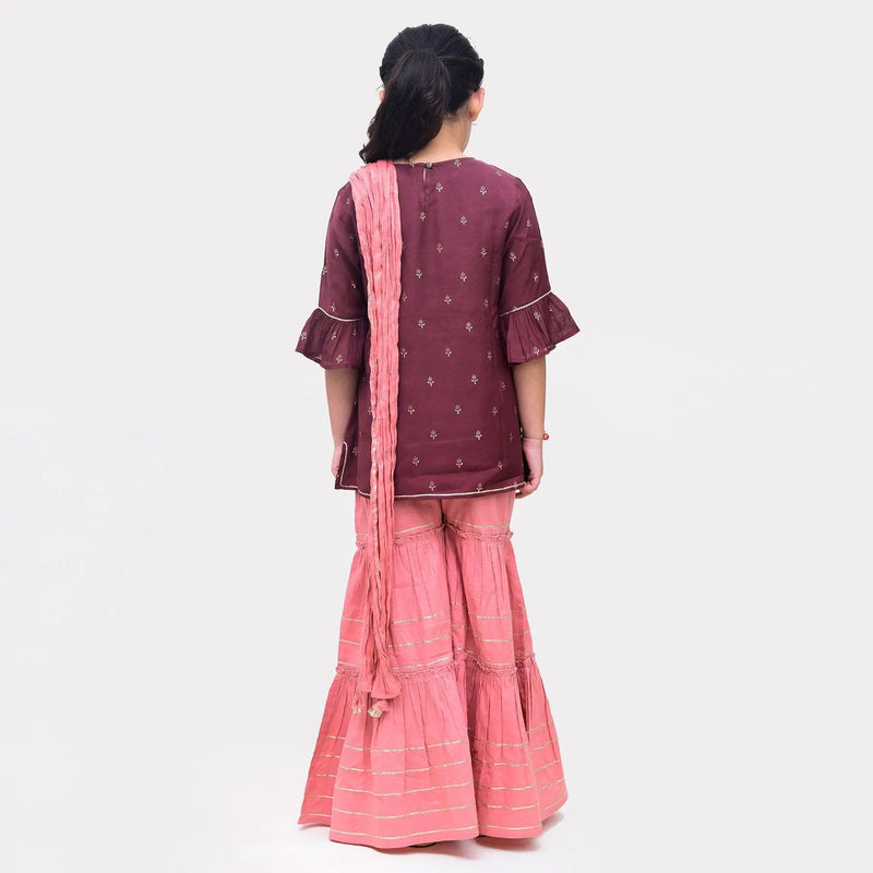 Noor Maroon And Pink Viscose Cotton Garara Set Girl (2-12 Years) (Set Of 3)