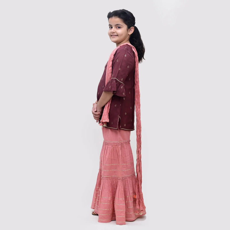 Noor Maroon And Pink Viscose Cotton Garara Set Girl (2-12 Years) (Set Of 3)