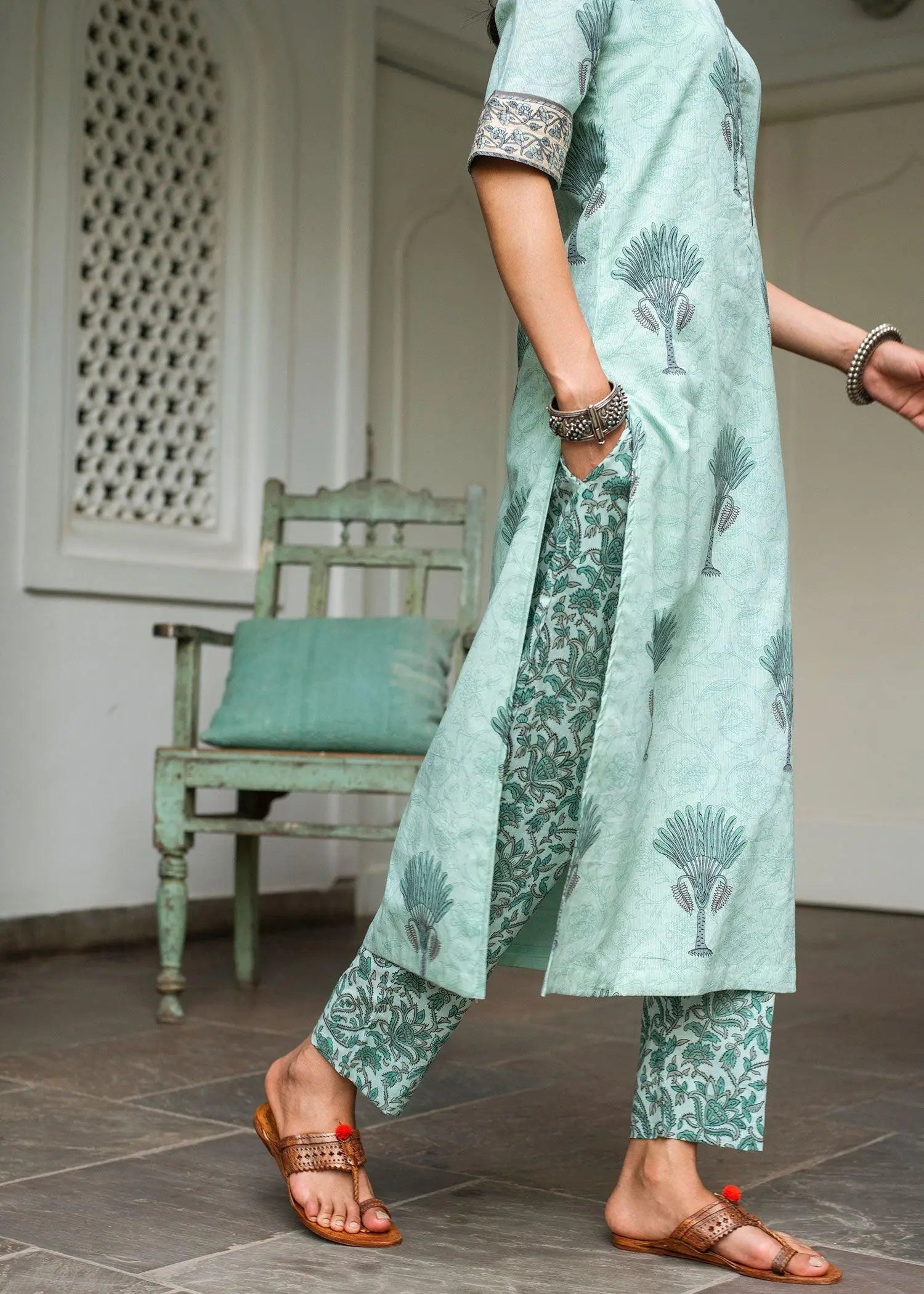 Mint Block Print Cotton Suit Set
