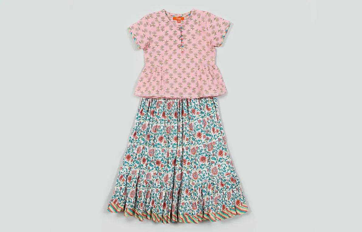 Damini Pink and White Cotton Top and Skirt Girl (12 Month to 12 Years)