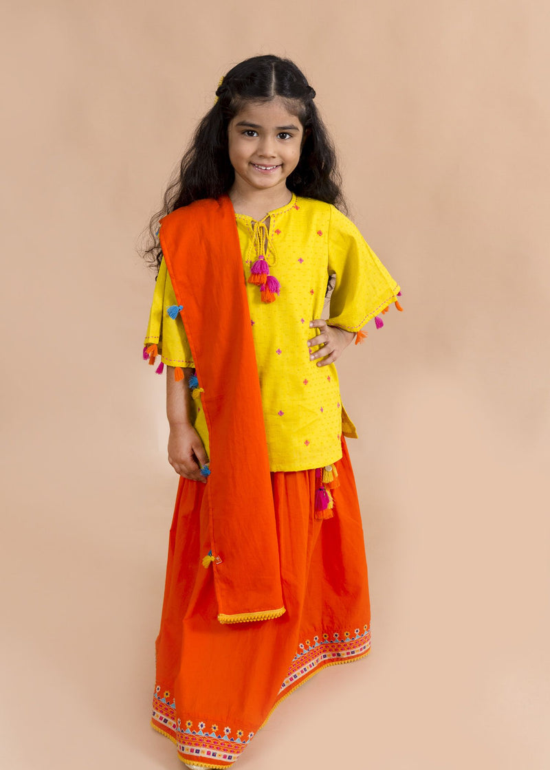 Neer Embroidered Yellow/Orange Cotton Skirt Top Set Girl (2 Years to 12 Years)