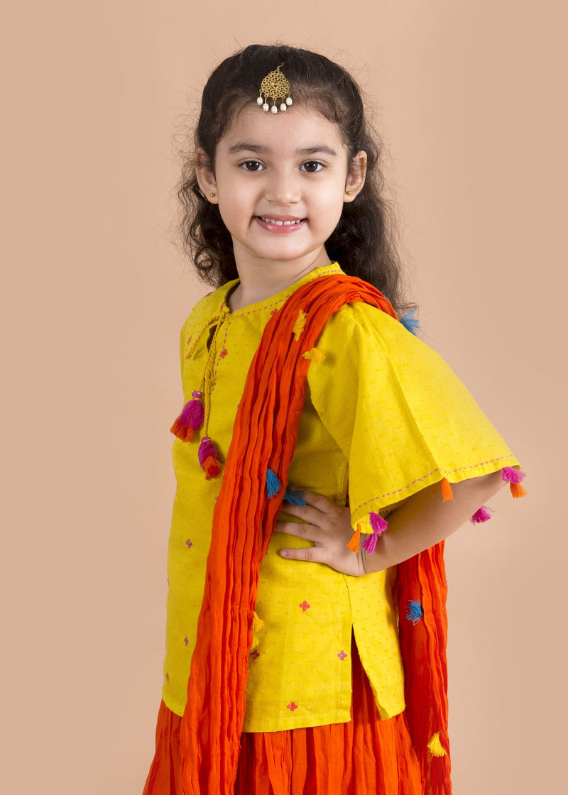 Neer Embroidered Yellow/Orange Cotton Skirt Top Set Girl (2 Years to 12 Years)