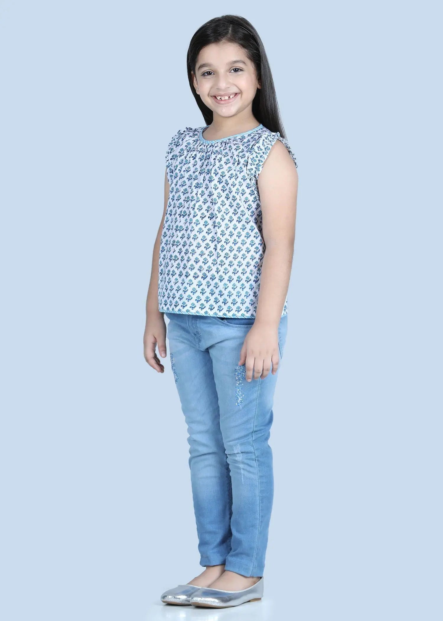 Vanilla Badam Buti Blue Cotton Top Girl (2-12 Years)