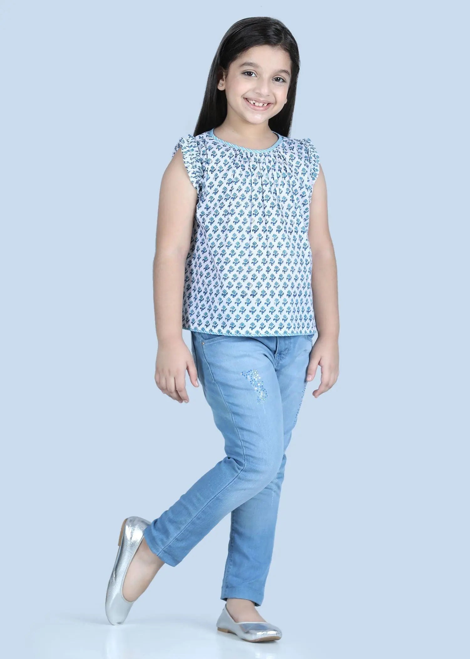 Vanilla Badam Buti Blue Cotton Top Girl (2-12 Years)