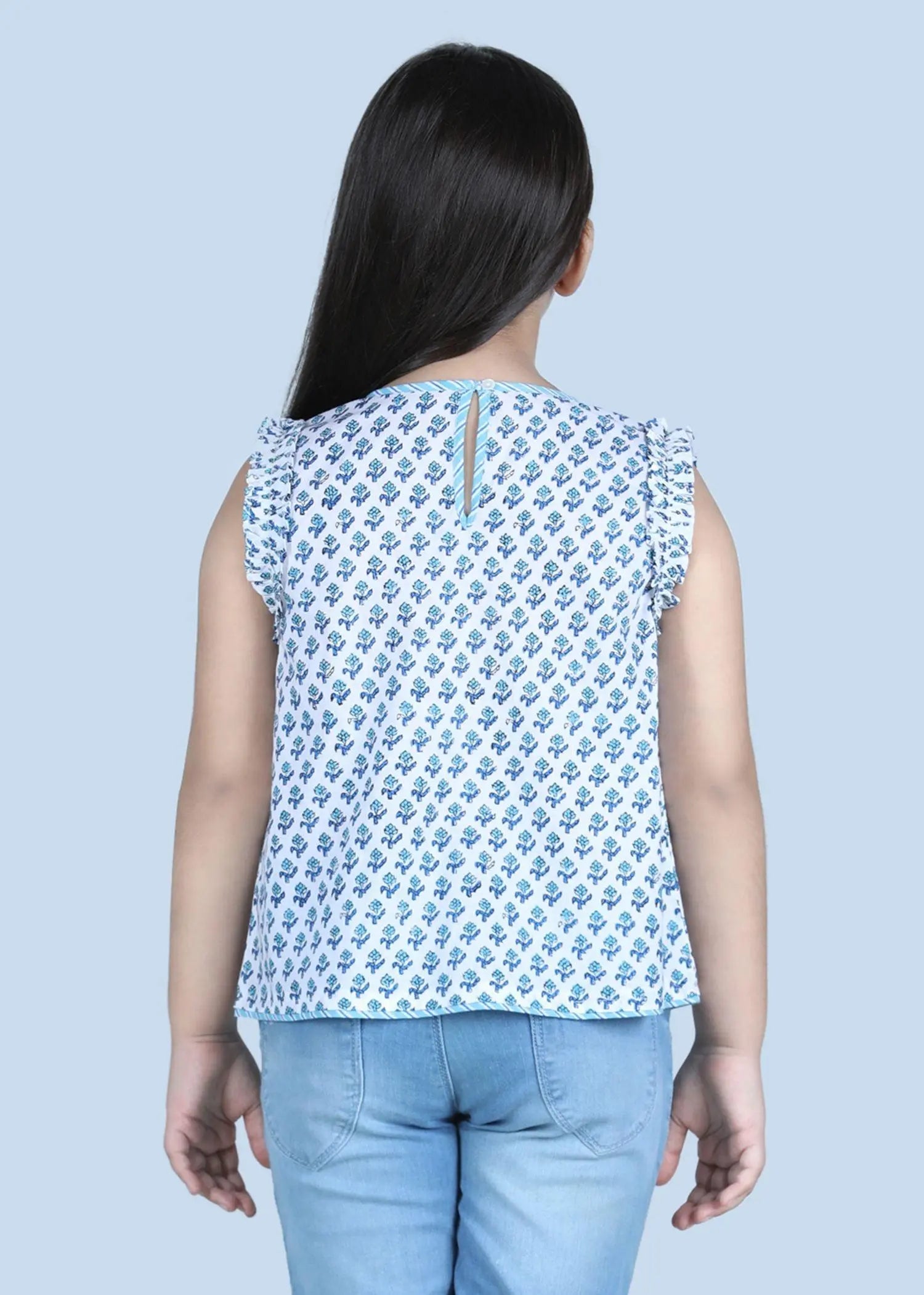 Vanilla Badam Buti Blue Cotton Top Girl (2-12 Years)