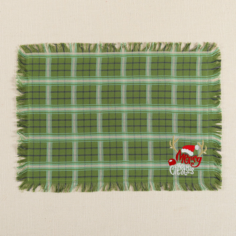 Green Handloom Cotton Embroidered Xmas Divine Table Mat Set of 6
